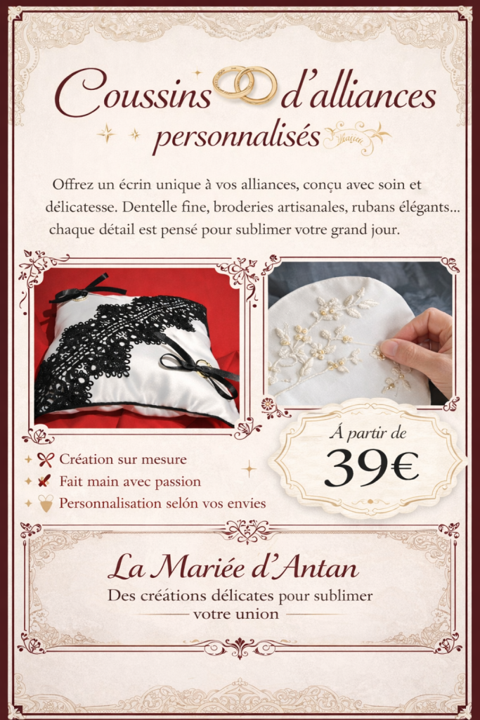 Coussin d’alliances personnalisé fait main avec broderie et dentelle